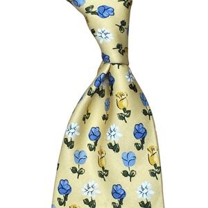 Faconnable Mens Silk Tie Yellow Blue Floral Rose Pattern Handmade in France‎